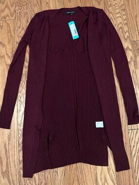NWT LOVE ELLIE Burgundy Ribbed Open Front Cardigan Tank Set - Size XS